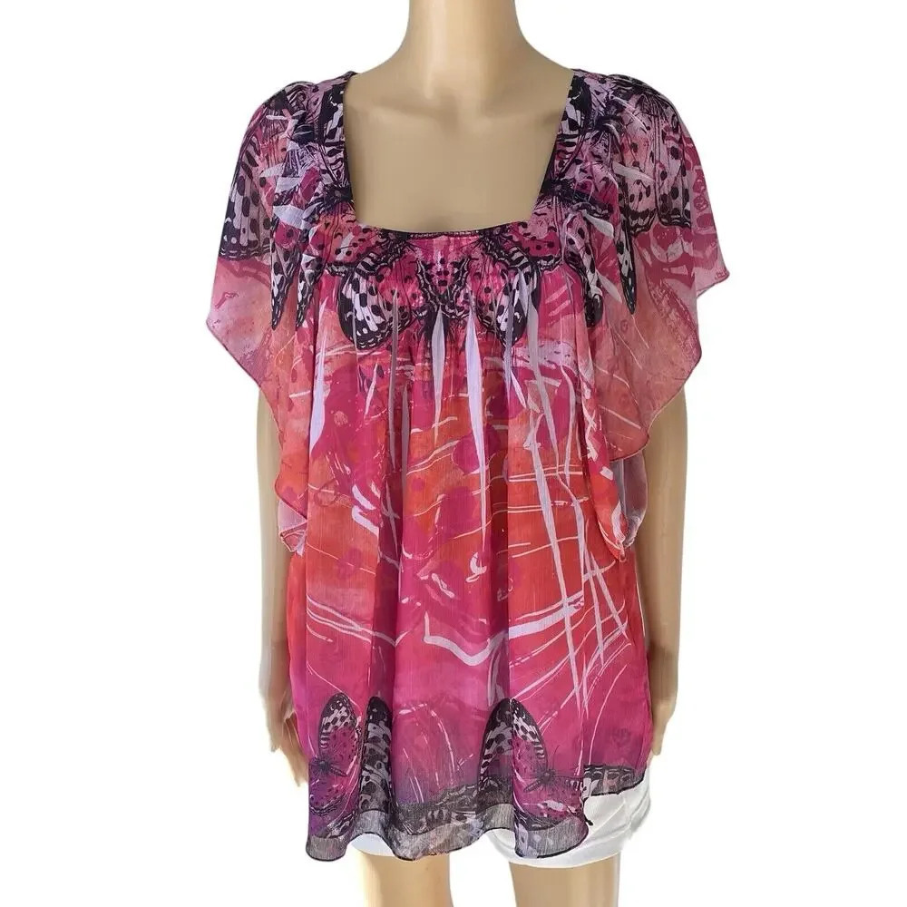 Unity World Wear BOHO Chiffon Butterflies Size XL Top Hippie Flutter Sleev Fairy